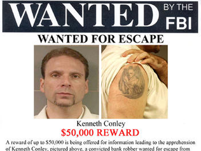 An FBI poster showing the devil tattoo on escaped bank robber Kenneth Conley's upper right arm. (Credit: Bandit Tracker Chicago)