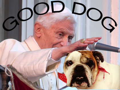 GOOD DOG! All dogs go to heaven :) (Credit Pope Photo: Franco Origlia/Getty Images) (Alterations/Dog Credit: Mason Johnson/Winnie/Abby Sheaffer)