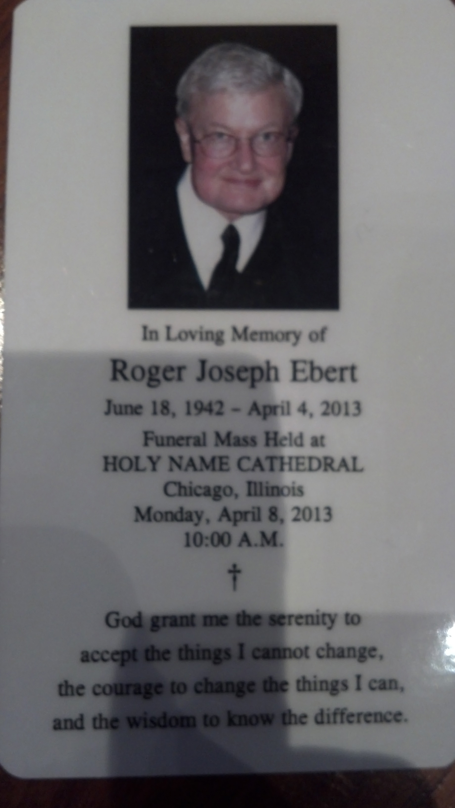 A prayer card from Roger Ebert's funeral service. (Credit: Regine Schlesinger/WBBM)