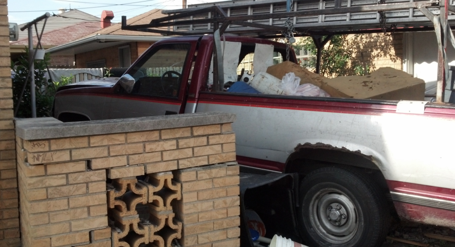 A pickup truck lost control near 45th and St. Louis. (Credit: Mike Krauser/WBBM)