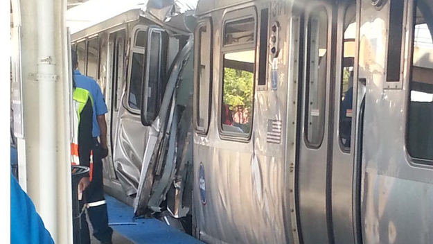 Two CTA Blue line trains collided on Monday morning near Harlem Avenue. (Credit: @pulchritudino/Twitter)