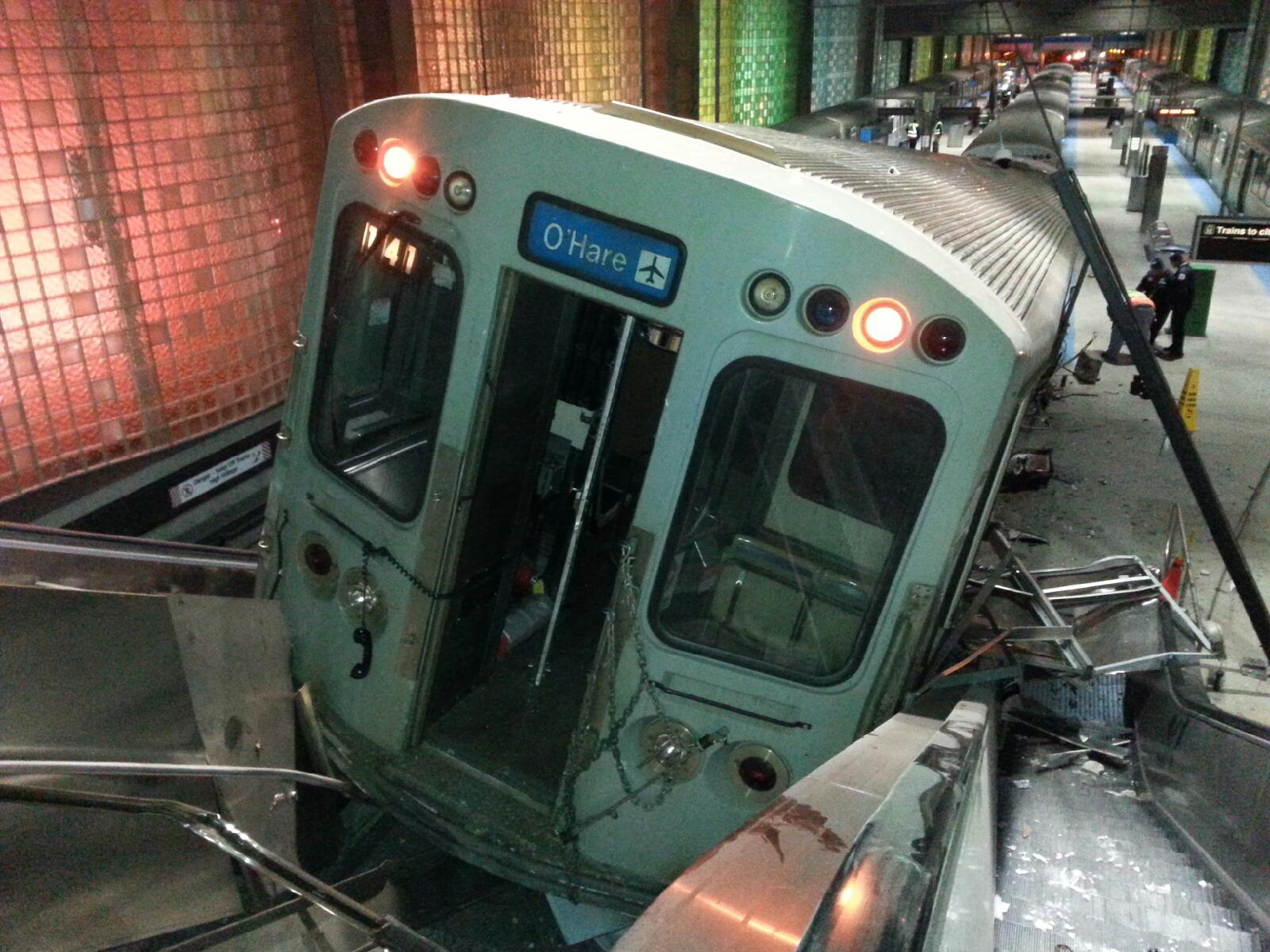 This CTA train smashed into the escalator on Monday morning at the O'Hare station. (Credit: CBS)