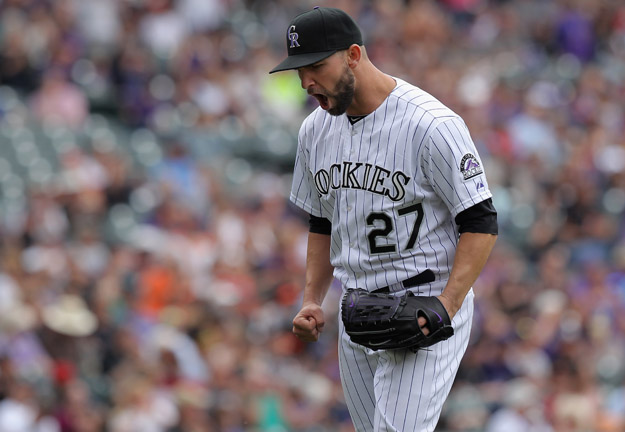DENVER, CO - APRIL 23:  Starting pitcher Tyler Chatwood #27 of the Colorado Rockies reacts as they end the fifth inning against the San Francisco Giants at Coors Field on April 23, 2014 in Denver, Colorado. The Giants defeated the Rockies 12-10 in 11 innings.  