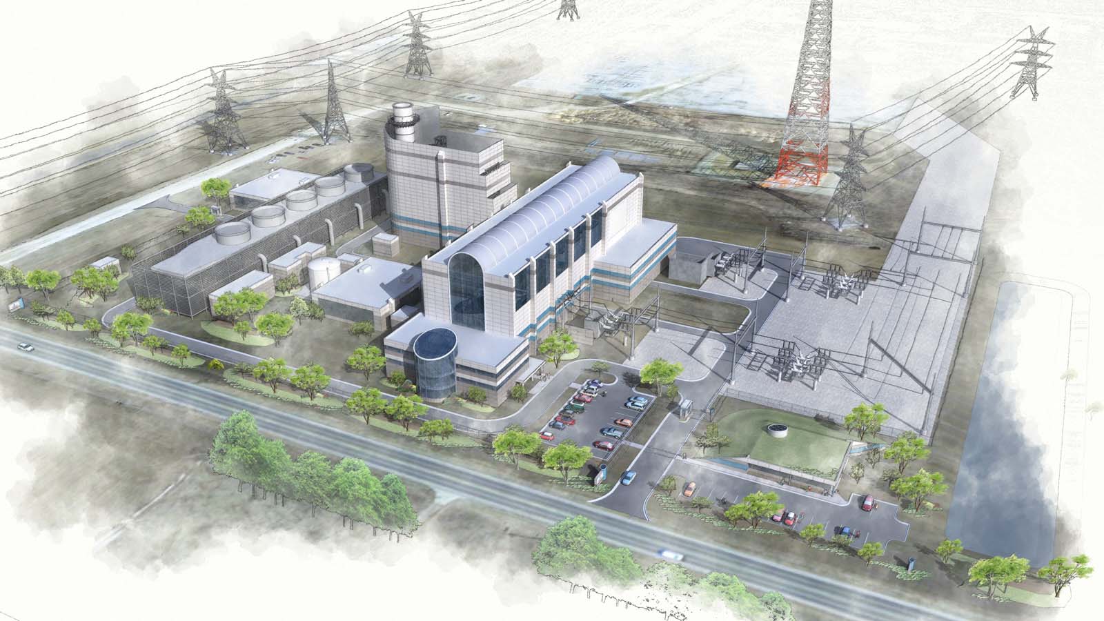 Artistic rendering of a proposed 430-megawatt natural gas power plant in Oakwood Hills, Illinois. (Credit: oakwoodhillsenergycenter.com)