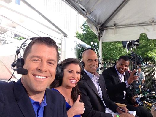 Rob, Erin and Jim on set covering the JRW victory parade. (CBS)