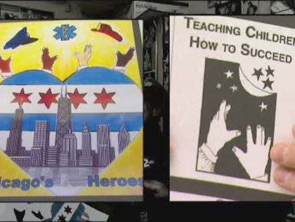 The hands depicted on Herbert Pulgar's design for Chicago city vehicle stickers appear almost identical to those in an art book supplied by his teacher, although some critics have said the hands are flashing gang symbols. (Credit: CBS)