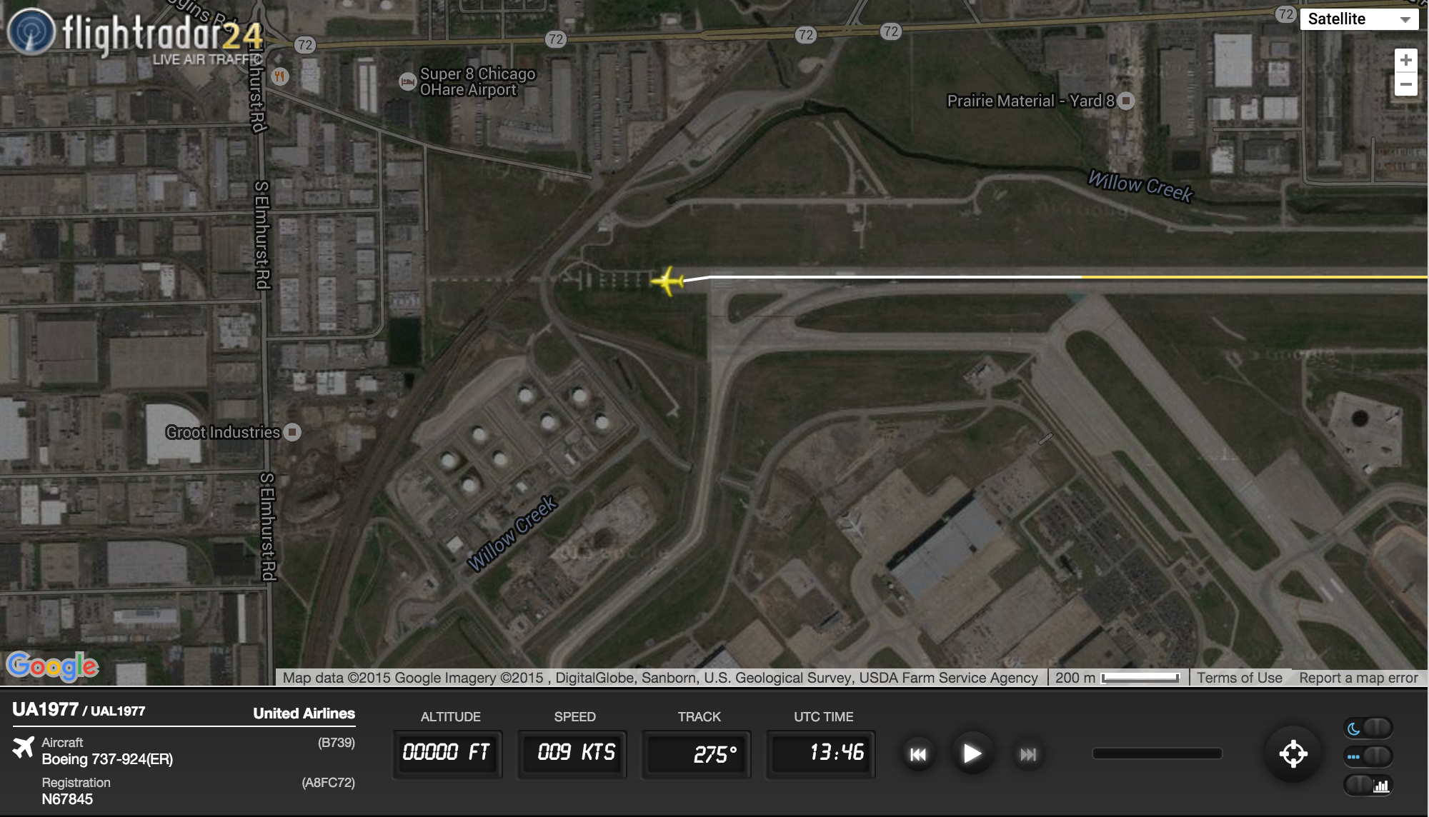 In an image provided by Flightradar24.com, here is the reported position of United Flight 1977 after it slid past the final turning point at O'Hare.