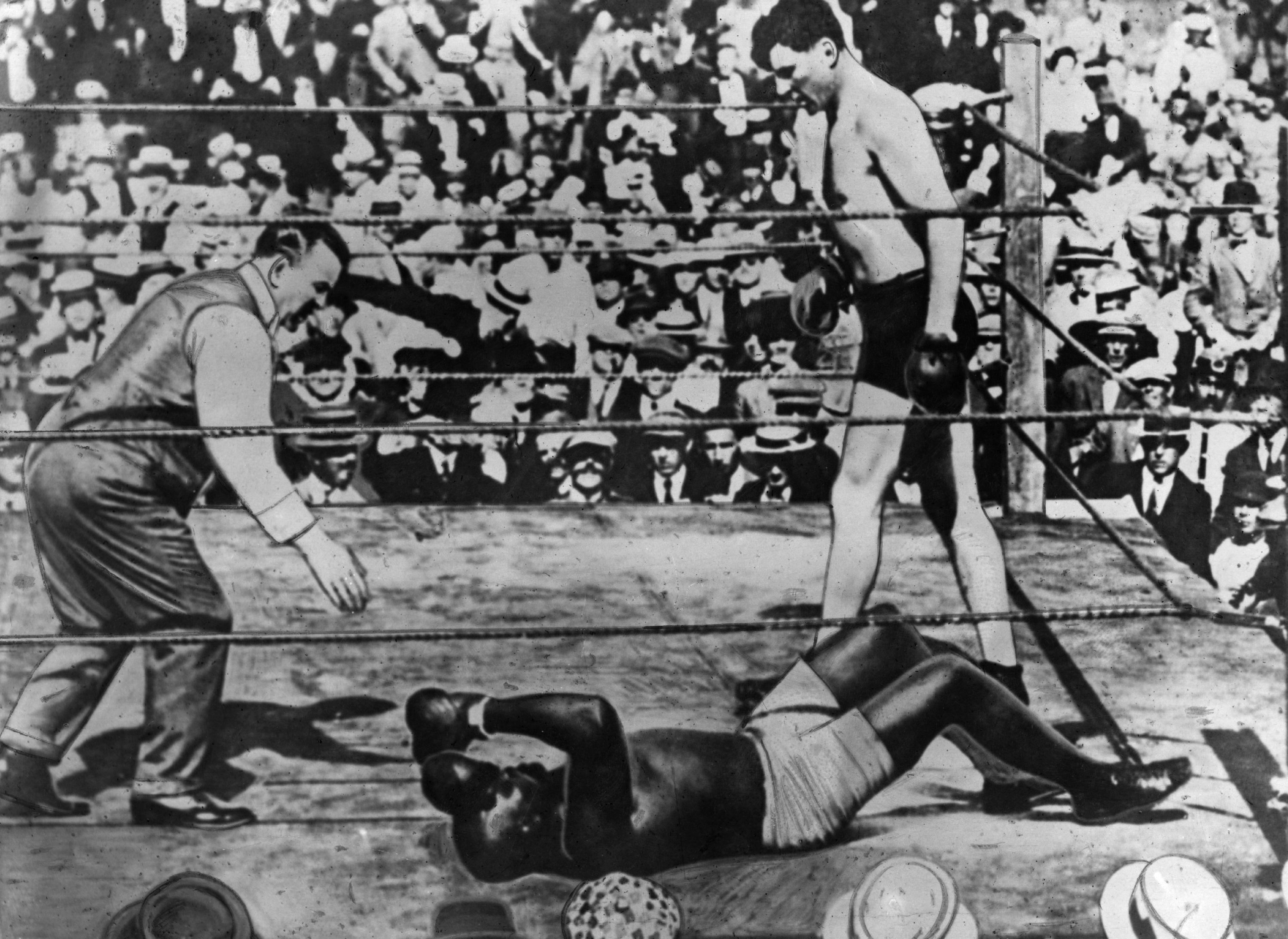 5th April 1915: Jack Johnson is counted out by the referee after being knoc...